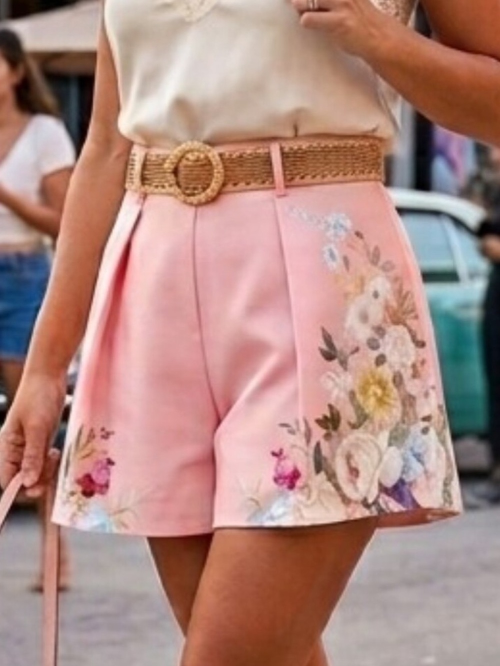 Commense Pink Floral High-Waist Pleated Front Shorts Size Small